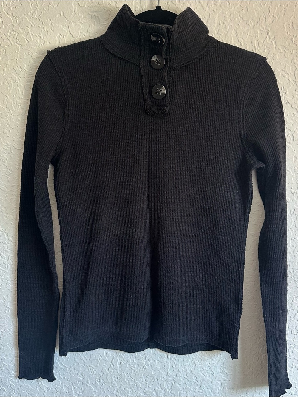 Free People We The Free Waffle Knit Thermal Mock Neck Long Sleeve Black Small